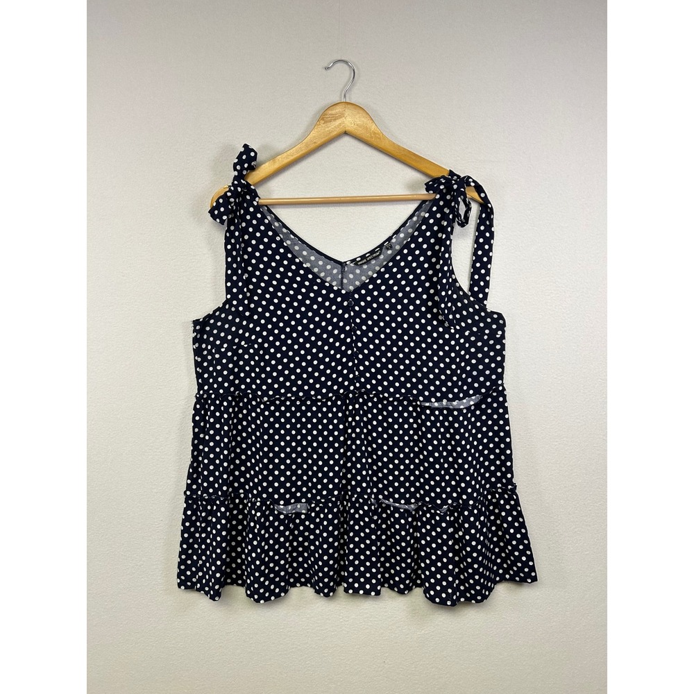 Retro Rockabilly Unique Spectrum Womens Large Navy Polka Dot Tie Shoulder Top